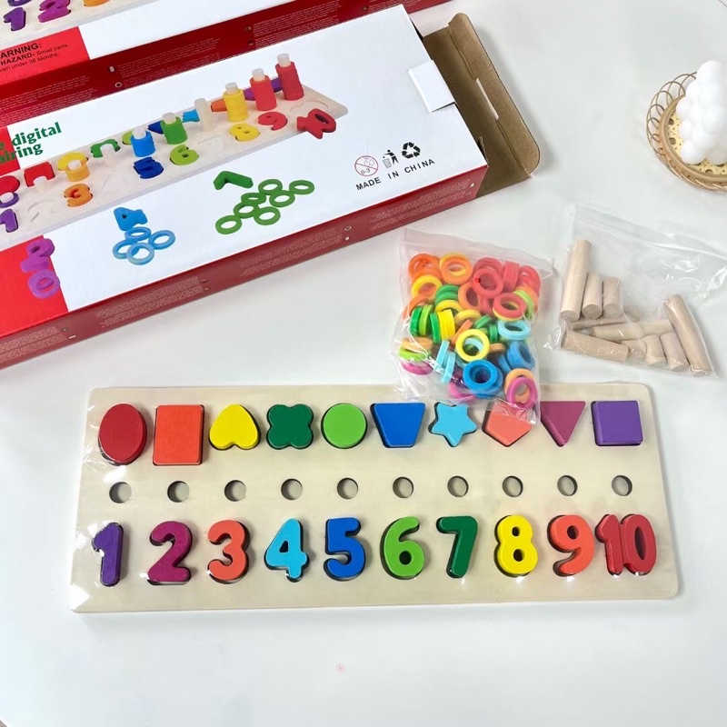Bộ đồ chơi gỗ Bảng chữ số, đếm số lượng và hình khối theo phương pháp Montessori, đồ chơi xếp hình sáng tạo