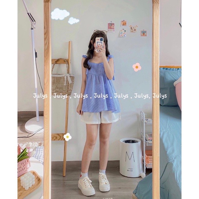 Bán sỉ - Set áo 2 dây buộc nơ vai babydoll và quần sooc trắng Hàn Quốc - KAMI Clothes | BigBuy360 - bigbuy360.vn