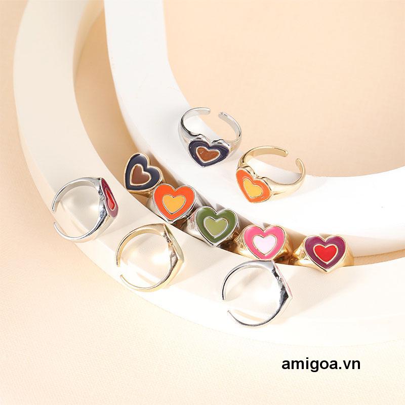 ✨✨Nhẫn hở hình trái tim đôi bằng kim loại tráng men Y2K cổ điển thời trang Hàn Quốc cho nữ