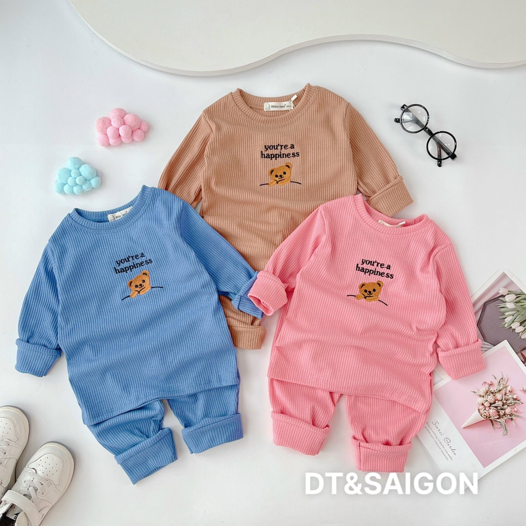 Đồ Bộ Cho Bé Mặc Nhà thun tăm thu đông dài tay thêu gấu cho bé trai, bé gái nhiều size Caibaby_store