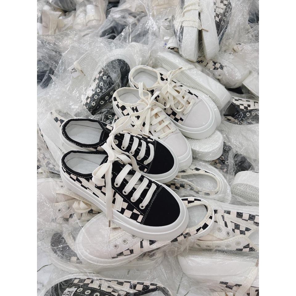 Giày  Sục Độn Đế Canvas Caro Mũi Tròn Nam Nữ Unisex Cao Cấp họa tiết caro, nâng đế 3,5cm SIÊU ĐỈNH
