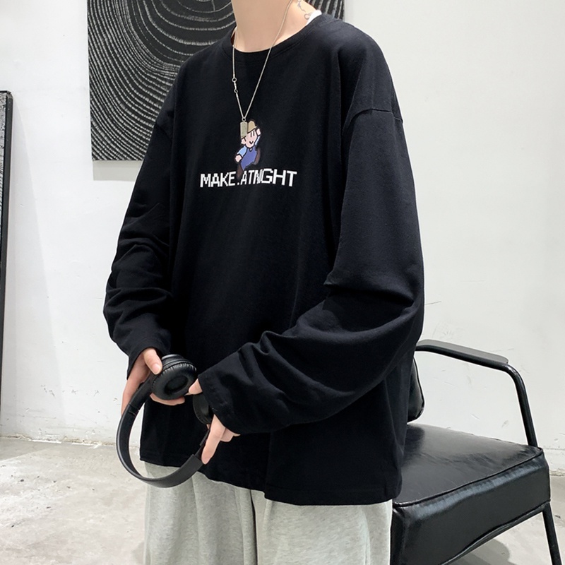 Áo Thun Tay Dài Cổ Tròn Dáng Rộng In Họa Tiết Hoạt Hình Dễ Phối Đồ Thời Trang Cho Nam Size M-5XL