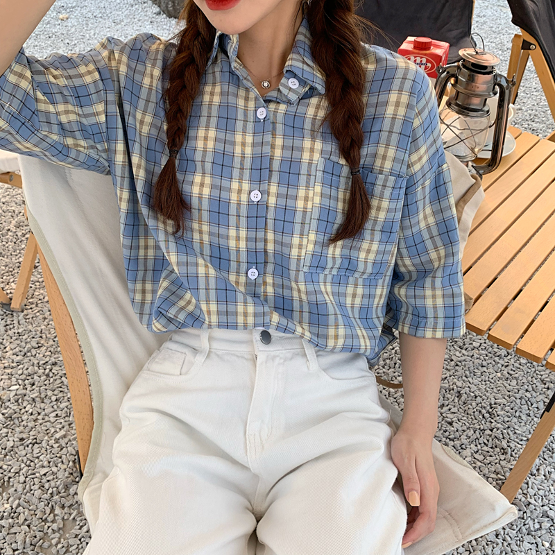 SUXI Áo sơ mi tay ngắn họa tiết caro phong cách Hàn Quốc cá tính cho nữ