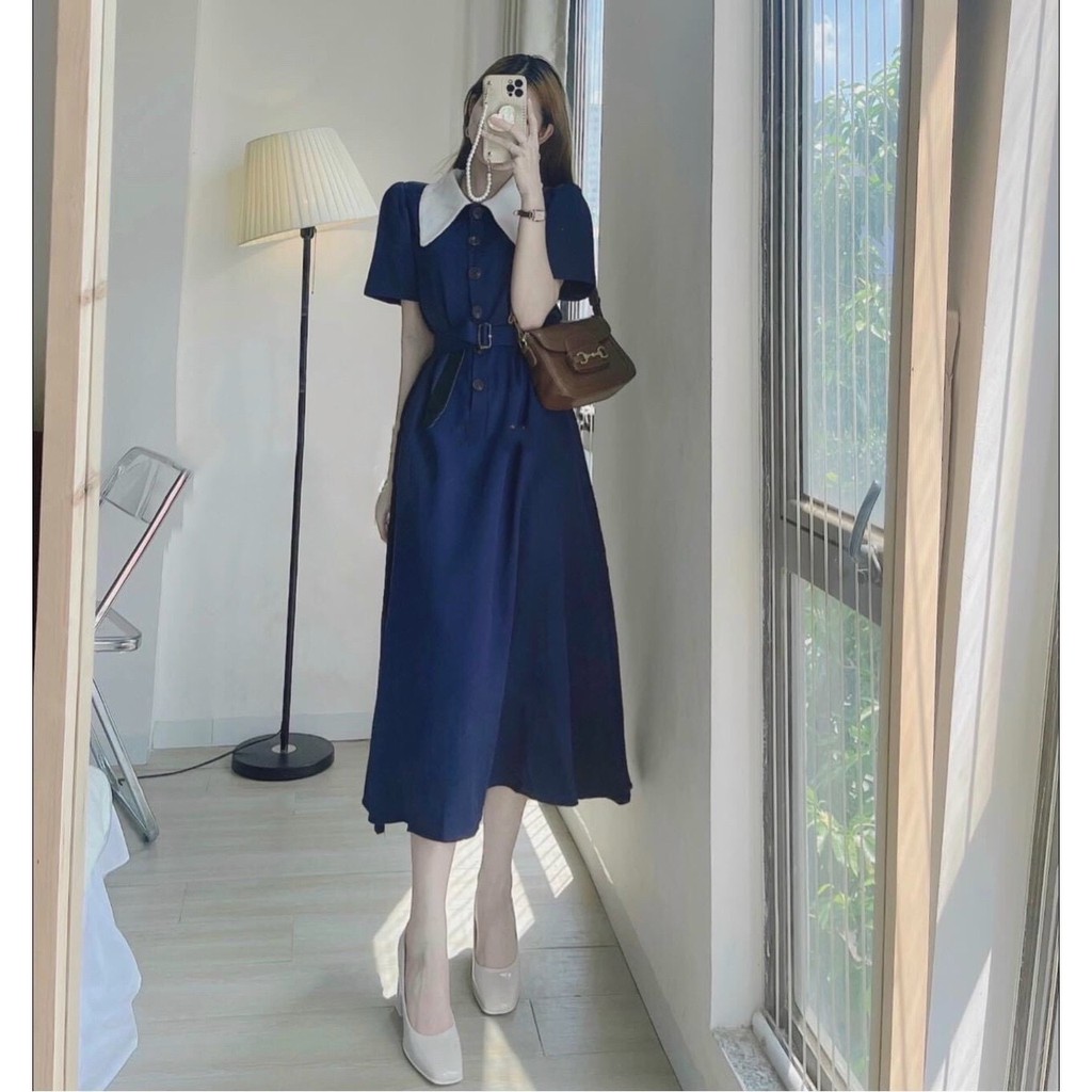 Đầm midi tay ngắn, váy midi dài xanh cổ peter trắng phối nịt siêu xinh đi chơi đi du lịch hẹn hò đều xinh Tây Thi Shop | BigBuy360 - bigbuy360.vn