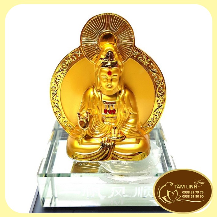Phật Quan Âm 2 Mặt Để Xe Ô Tô Đế Thuỷ Tinh Cao 10 cm