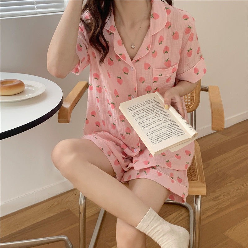 [CÓ SẴN] Đồ ngủ pijama quả dâu hồng đồ mặc nhà chất mát cộc tay quần đùi dễ thương Hàn Quốc ullzang