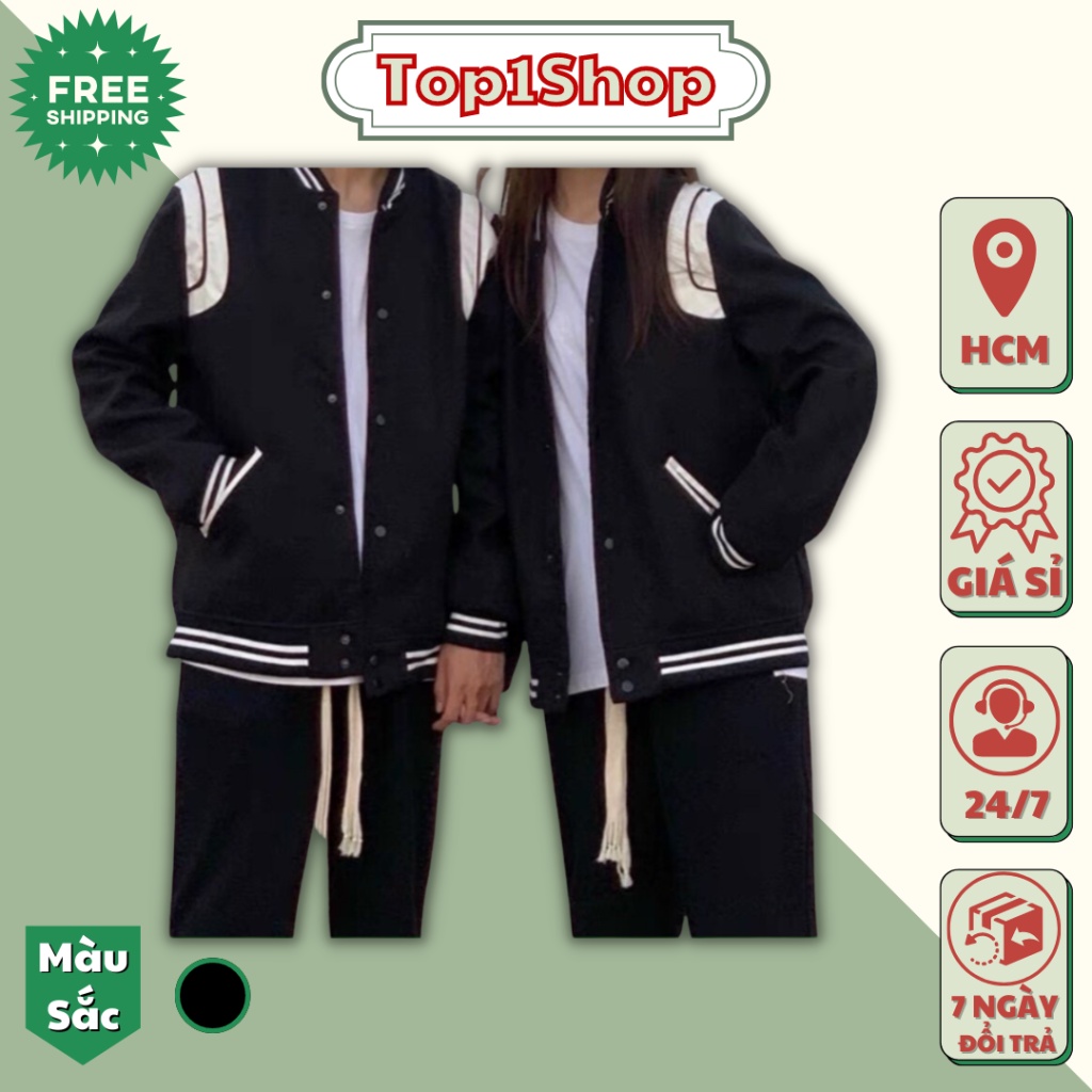 Áo khoác nữ bomber nam viền sọc vai đóng nút chất nỉ dày cao cấp form rộng