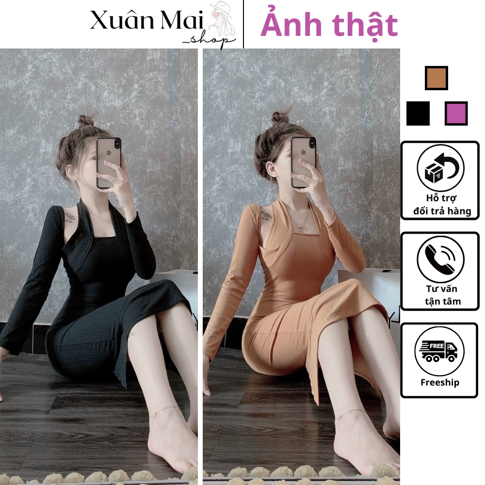 [FREESHIP] Đầm ôm body nữ chéo cổ tay dài nhiều màu hot hit