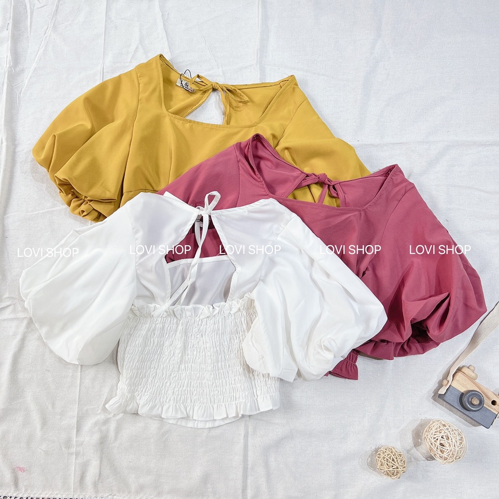 Áo croptop cổ U nơ sau tay phồng NHÀ LOVI