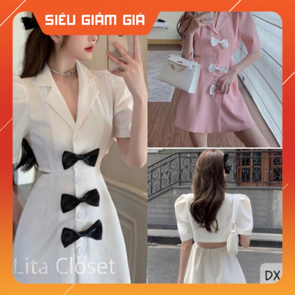 Đầm Cut Out Nữ Cổ Vest 🎀🎀FREESHIP🎀🎀 Cộc Tay Cúc Cài Phối Nơ 2 Màu - Lita Closets