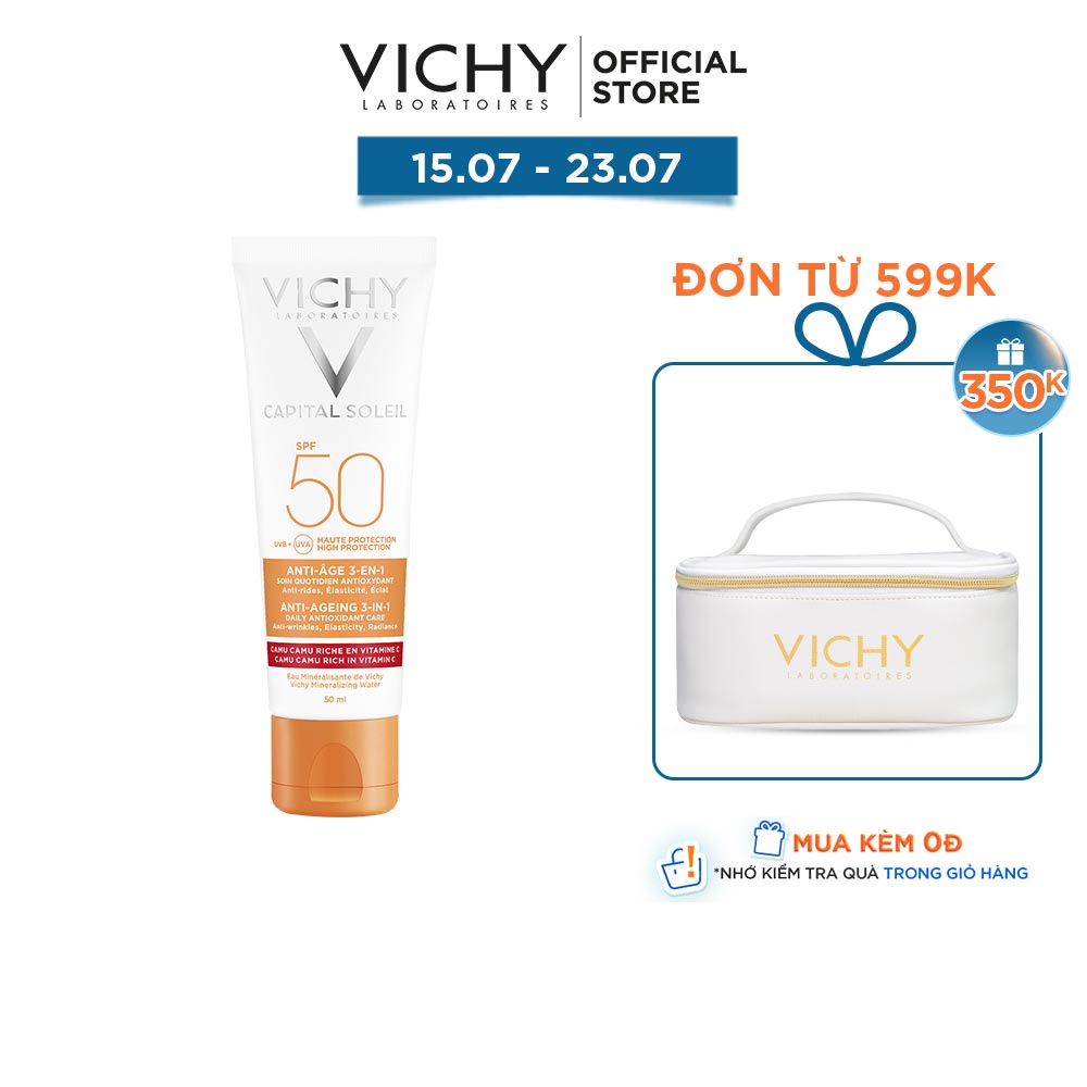 Kem chống nắng bảo vệ và giúp giảm các dấu hiệu lão hóa Vichy Capital Soleil 3 in 1 Anti-Aging SPF50 50ml