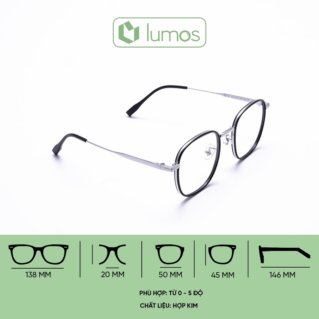 Gọng kính cận nam nữ tròn đẹp thời trang Hàn Quốc chống tia UV cao cấp LUMOS 2737