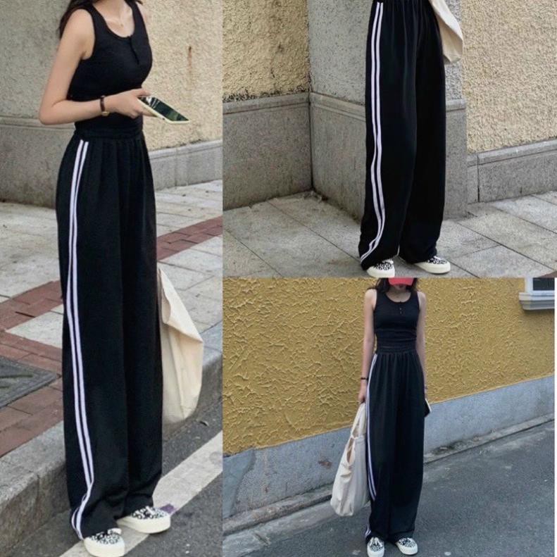 [Rẻ Vô Địch]Quần ỐNG RỘNG thể thao 2 Sọc Trắng Đen - Kiểu quần Culottes lưng cao🍓đẹp chanh sả cho bạn tự tin đi chơi