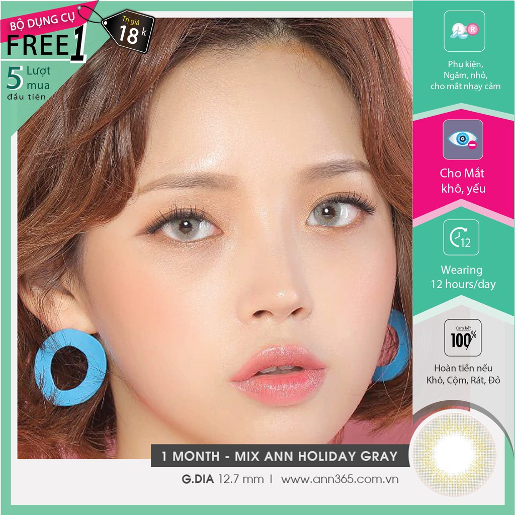 Lens cận 1 tháng màu xám sáng cho mắt khô yếu - Mix Ann Holiday Gray, kính áp tròng cho...