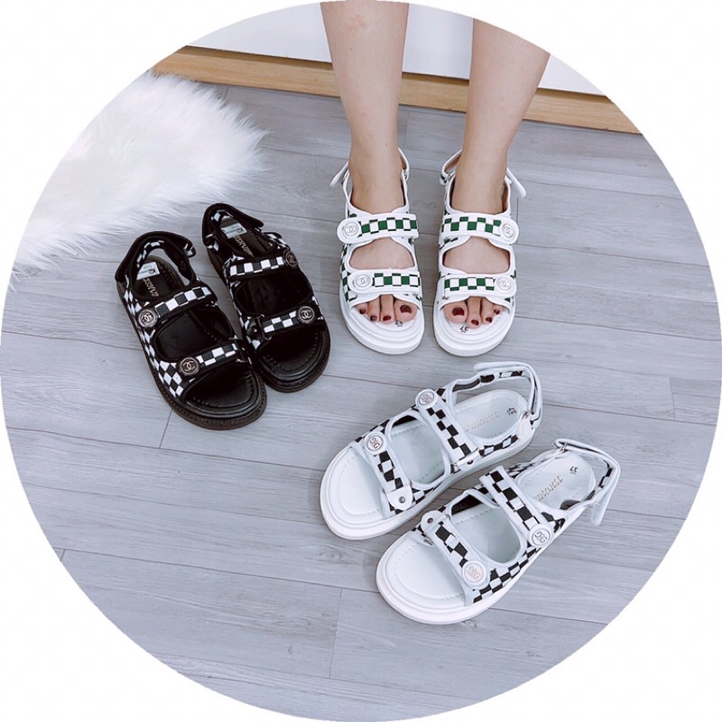 Dép sandal học sinh quai ngang caro quai hậu dán độn đế 2cm