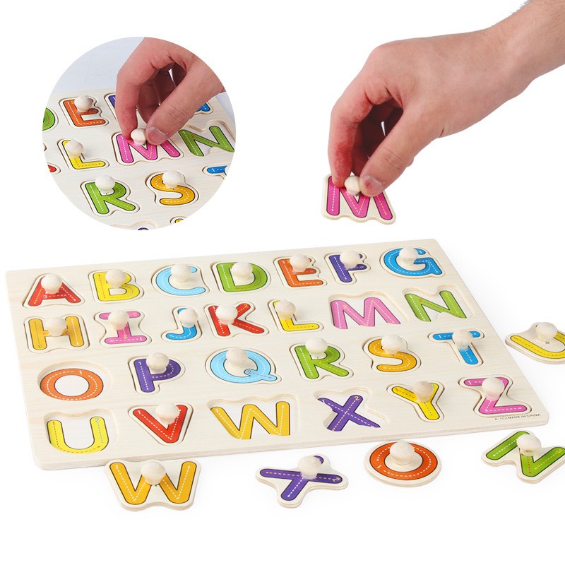 Ghép hình gỗ montessori , đồ chơi lắp ghép xếp hình gỗ cho bé bảng chữ cái có núm nhiều chủ đề