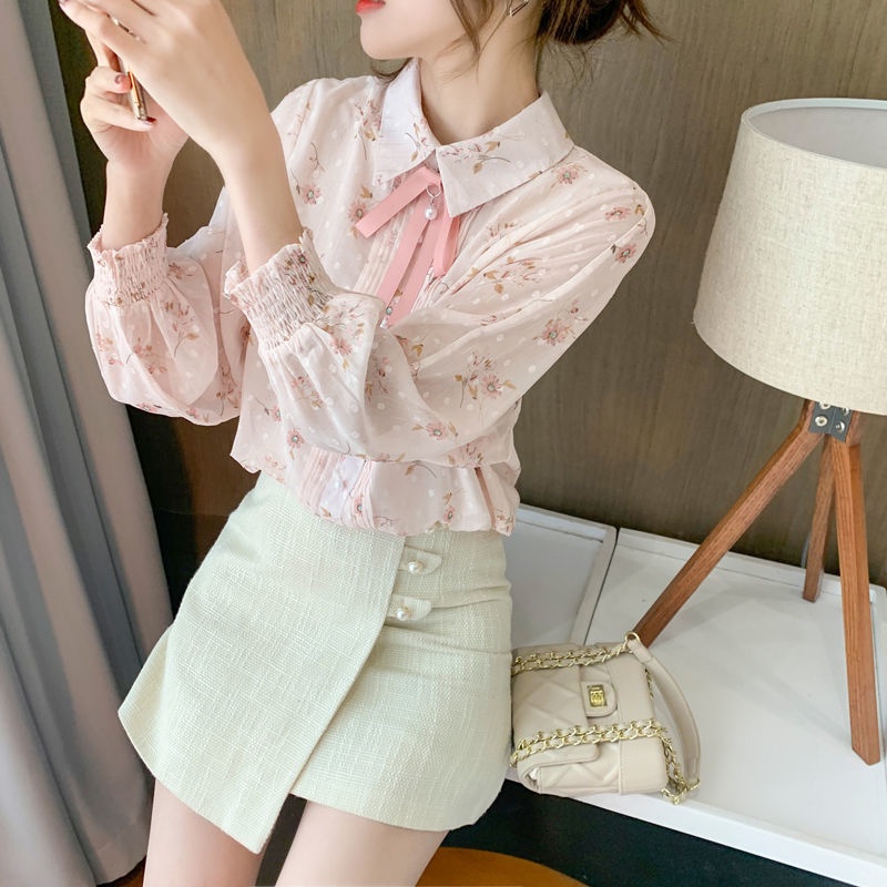 Áo Sơ Mi chiffon Tay Dài In Họa Tiết Hoa Thắt Nơ Phong Cách retro Thời Trang Mùa Xuân Mới 2022