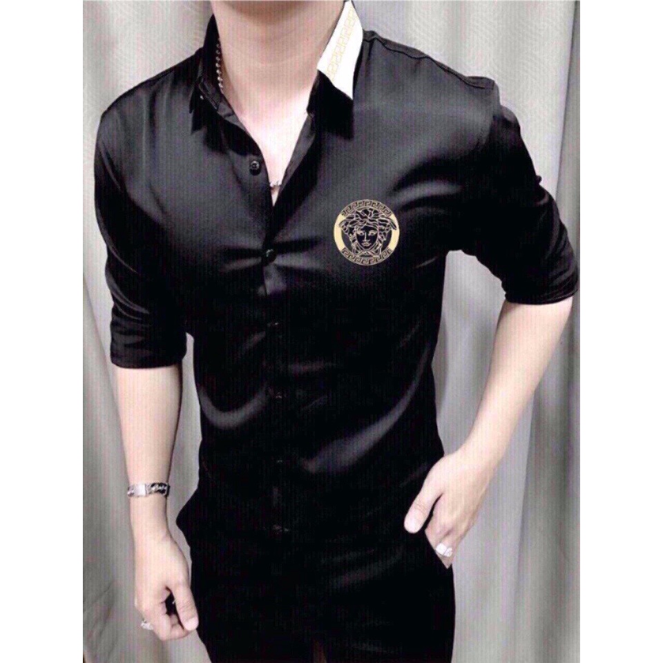 Áo Sơ Mi Nam Chất Lụa Dài Tay DR27RITA Họa Tiết Thêu Logo VeJi Đen MS 40