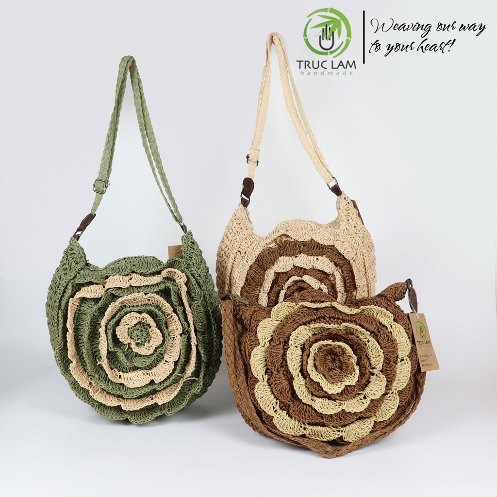 Túi Cói Đeo Chéo Thời Trang Nữ Bện Thủ Công Nghệ Thuật Hình Bông Hoa Nhiều Lớp – Trúc Lâm Handmade