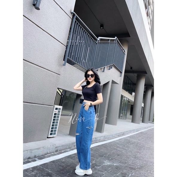 Quần Baggy Jean Nữ Lưng Cao Ống Rộng Rách Kiểu