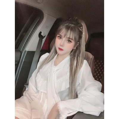 Áo sơ mi trắng ren tay bánh bèo nơ dáng dài