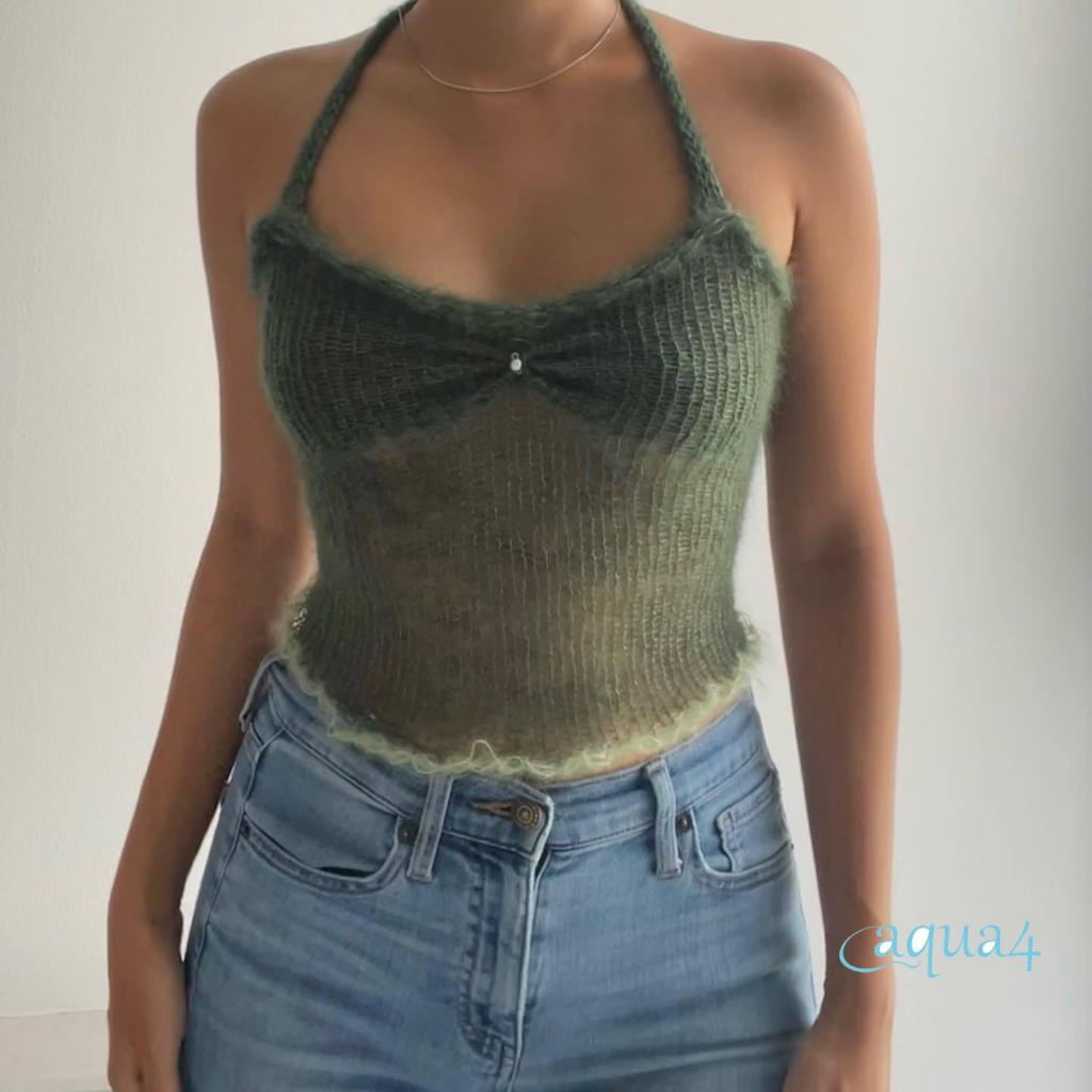 Áo Crop Top Hai Dây Dệt Kim Mini Hở Lưng Phong Cách Vintage Đáng Yêu Thời Trang Mùa Hè 2000s Cho Nữ