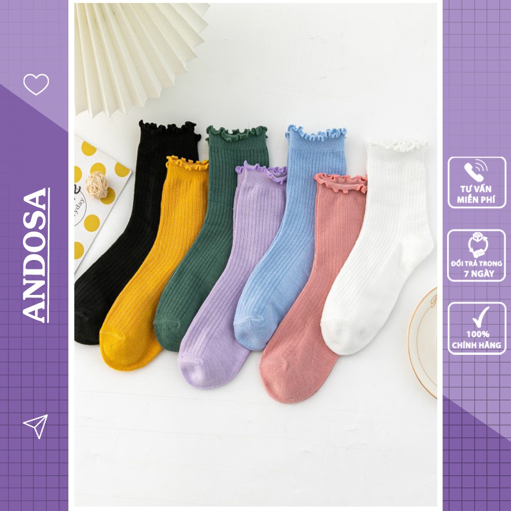 Tất vớ nữ cổ cao trơn bèo nhún Hàn Quốc cute cotton dày đẹp dễ thương ANDOSA T03