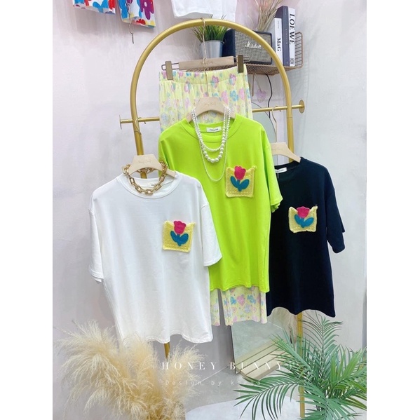 Set áo thun cotton phối túi len đủ màu quần suông gân ép xinh xắn E7