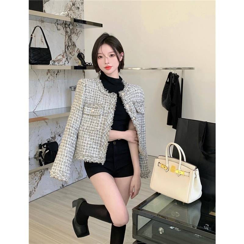 (ORDER) Áo khoác dạ tweed dáng ngắn vừa cổ tròn cài khuy sang trọng cao cấp style Hàn Quốc