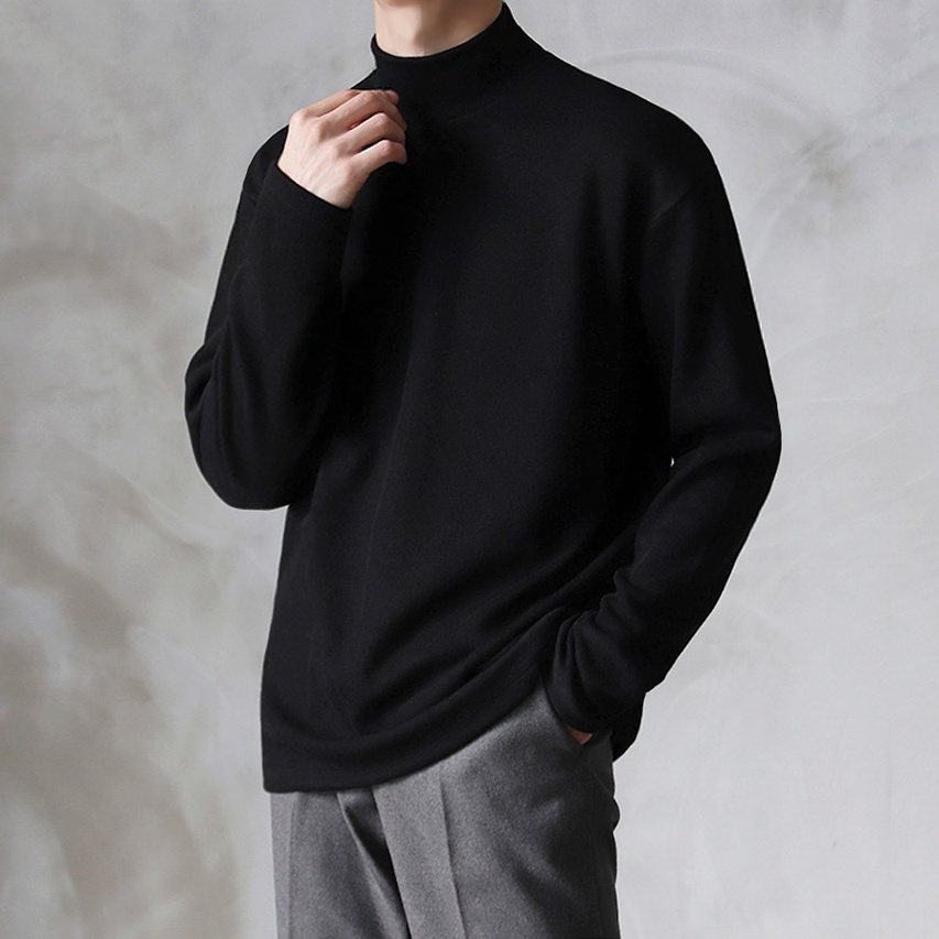 ✦AFFLIGA✦Áo Thun Cotton Tay Dài Cổ Cao Màu Trơn Đơn Giản Thoải Mái Thời Trang Hàn Quốc Cho Nam