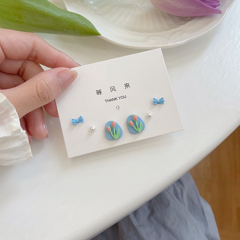 Bộ Sáu Chiếc Bông Tai Bạc Hình Hoa Tulip Nhỏ Nhẹ Sang Trọng Tinh Tế