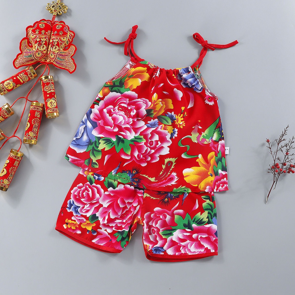 Set Áo Cộc Tay Thắt Nơ Cổ + Quần Short In Hoa Cho Bé Gái