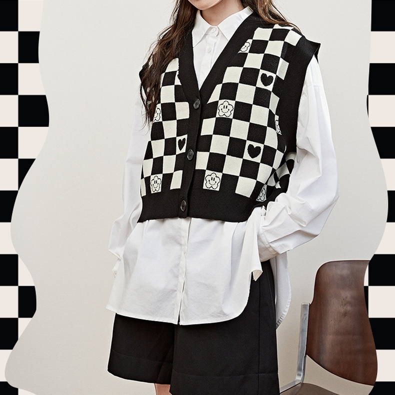 Áo len không tay cổ chữ V phối sọc caro thời trang phong cách Hàn Quốc