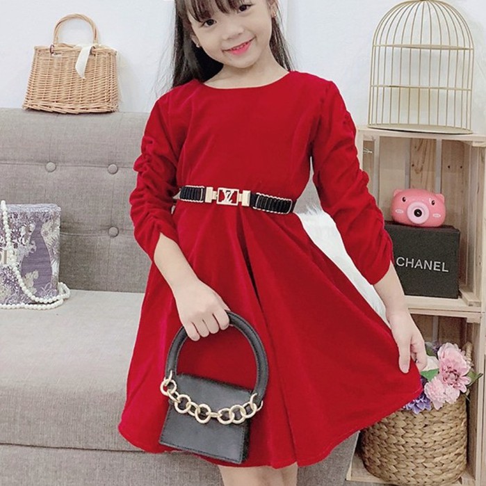 Váy Bé Gái Nhung Đỏ Tay Rúm Siêu Xinh Dành Cho Bé 11 - 32Kg V04