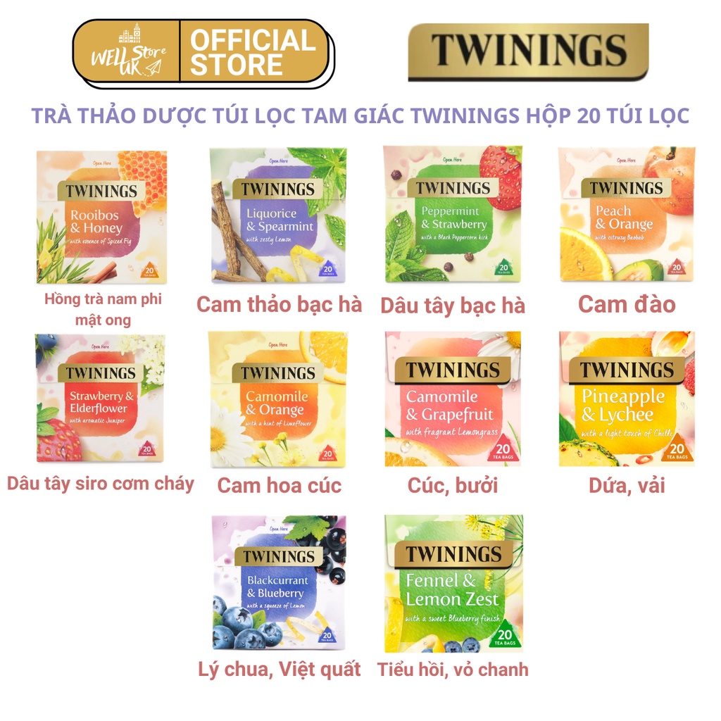 [ Bill UK ] Trà thảo dược túi lọc tam giác Twinings 6 hương vị hộp 20 gói
