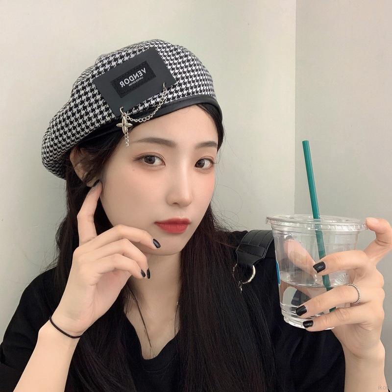 Mũ beret in họa sĩ phối dây xích kim loại phong cách Pháp cho nữ