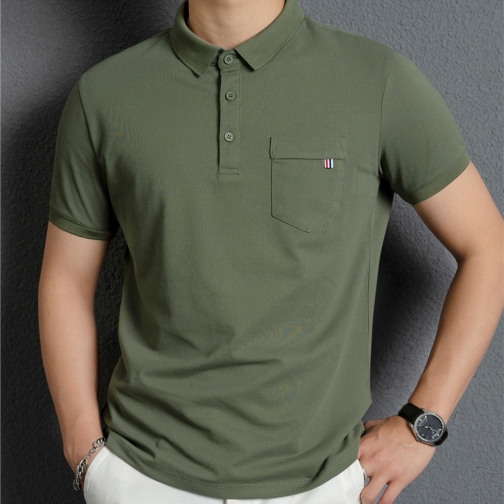 Áo Polo nam túi ngực cổ bẻ ngắn tay phom rộng dáng suông vải cá sấu 4 màu
