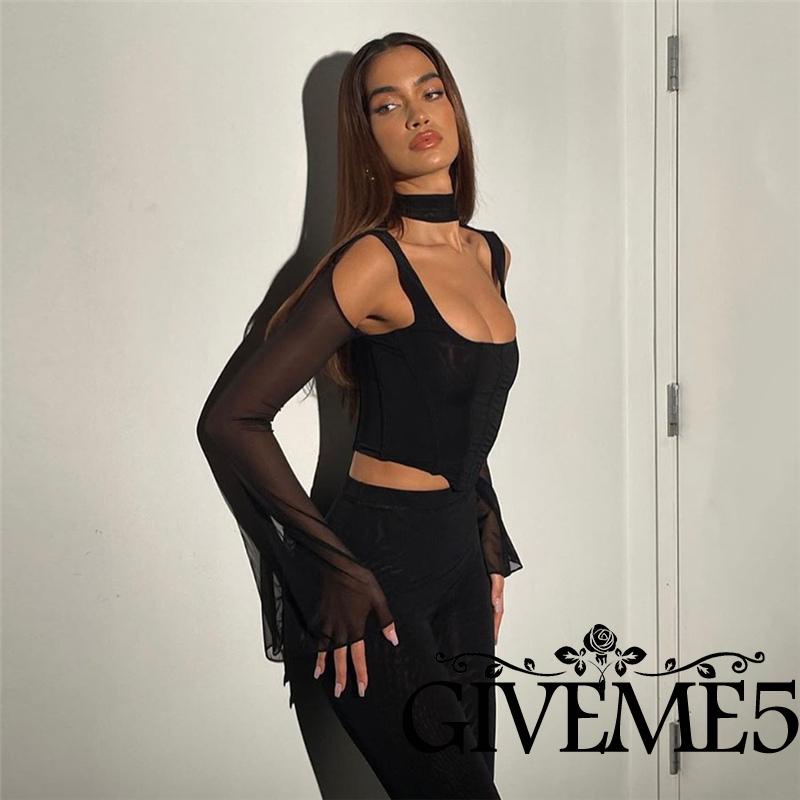 Áo Croptop Tay Dài Màu Trơn Thiết Kế Xuyên Thấu Quyến Rũ