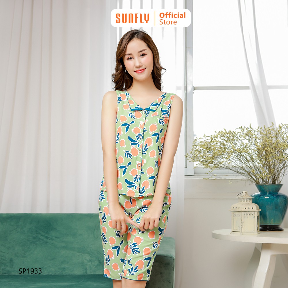 Bộ đồ nữ mặc nhà lanh SUNFLY áo sát nách, quần trên gối SP1933