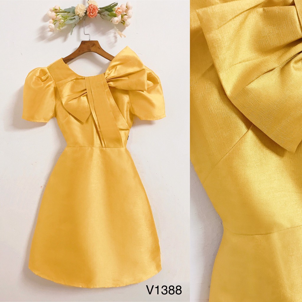Đầm dạ hội vàng thắt nơ lệch dáng ngắn trẻ trung V1388 Design kèm ảnh thật Jemi Store