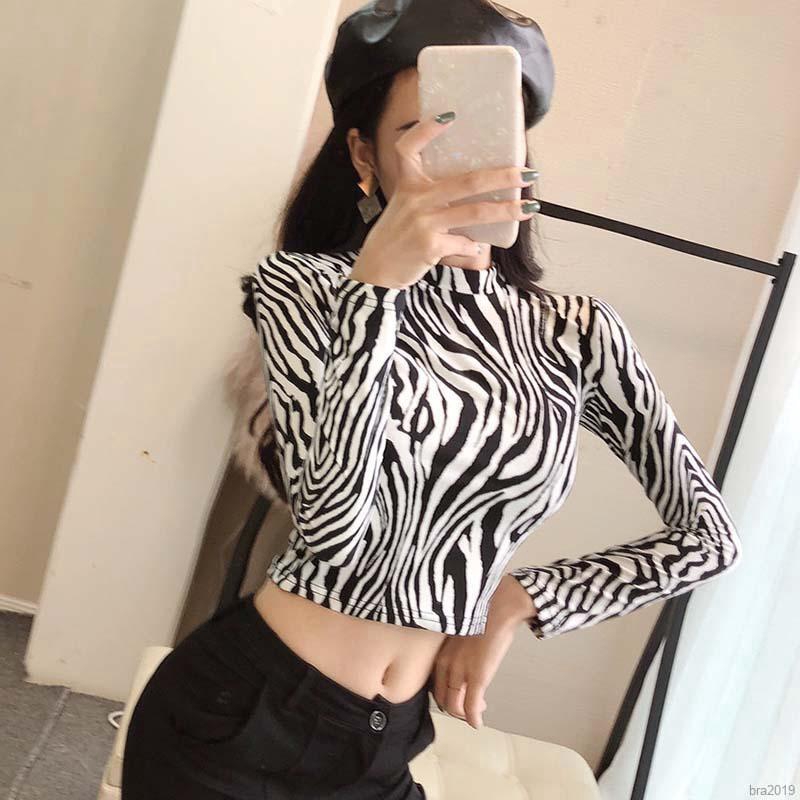 Áo Croptop Cổ Lọ Tay Dài Hoạ Tiết Da Báo Ôm Dáng Gợi Cảm Cho Nữ