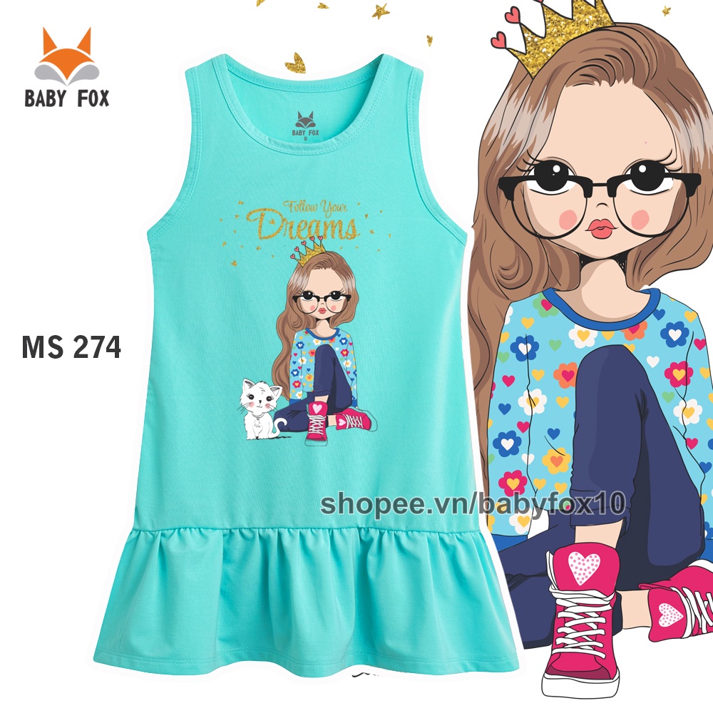 Đầm bé gái 100% cotton loại tốt, thương hiệu BABY FOX, in hình bé gái, size nhỏ, trung, đại b