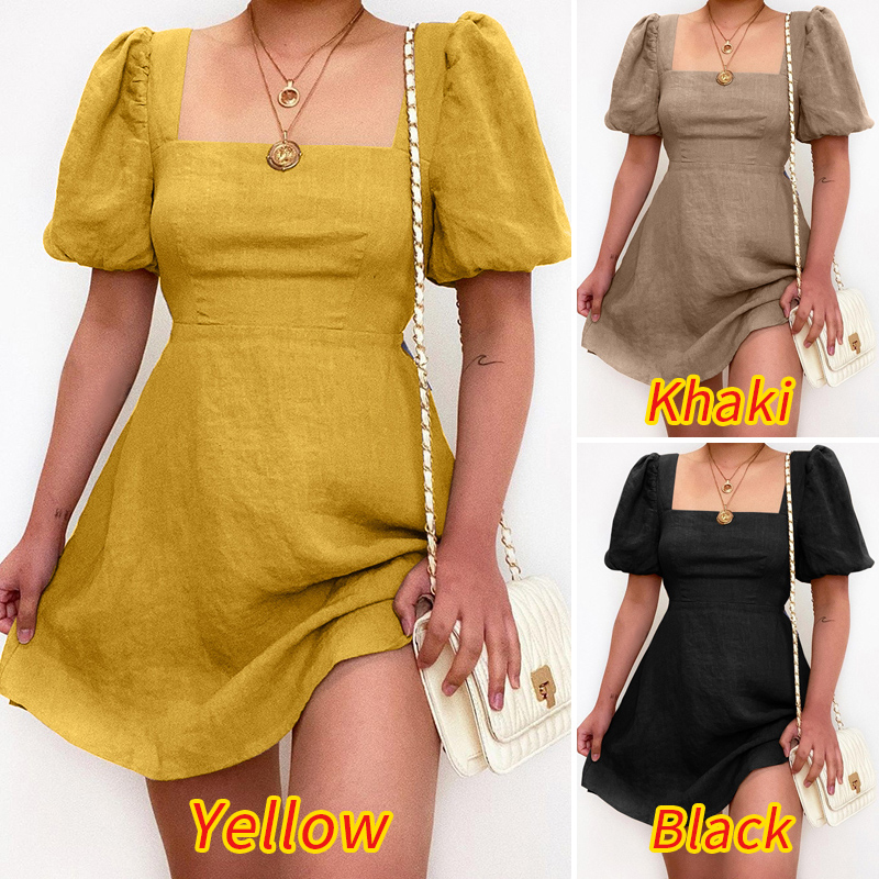 ZANZEA Women Short Puff Sleeve Square Neck Zipper Slim Fit Short Dress