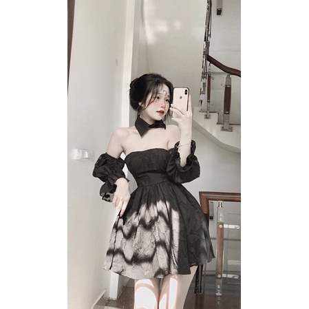 váy tơ bồng trễ vai mix cổ rời( ảnh thật shop chụp )