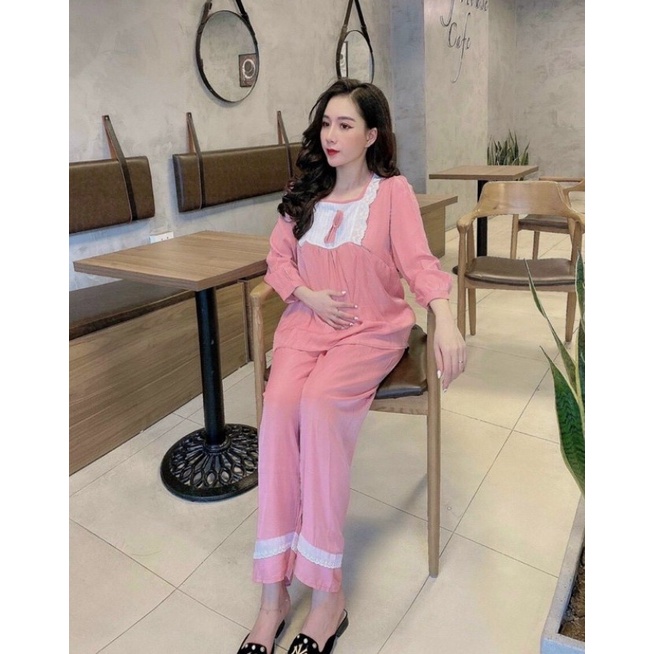 Bộ đồ bầu bánh bèo mặc bầu và cho con bú có khóa ngực