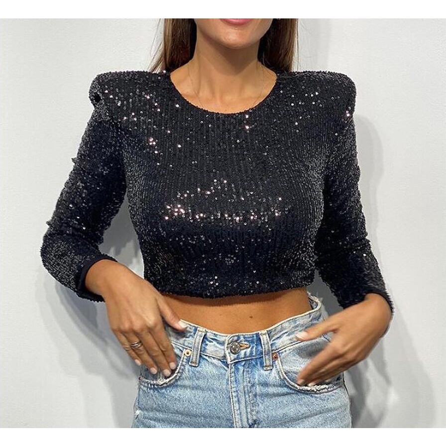 Áo Croptop Tay Dài Đính Kim Sa Lấp Lánh Phong Cách Vintage Thời Trang Mùa Thu Cho Nữ