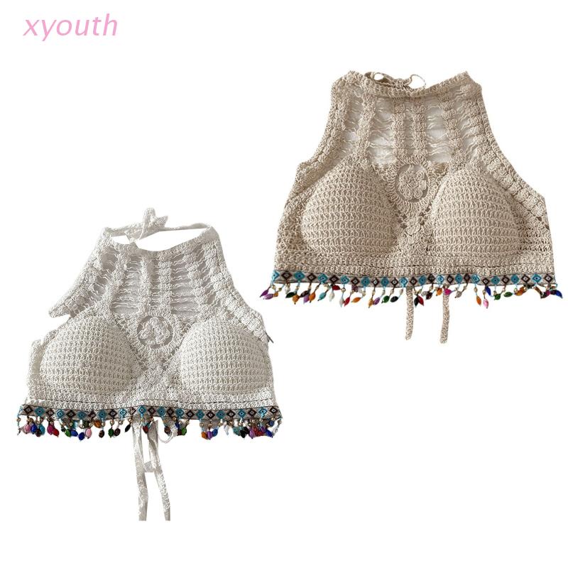 Áo Bikini Đan Móc Hở Lưng Đan Len Nhiều Màu Sắc Phối Tua Rua Phong Cách Boho Dành Cho Bạn Nữ