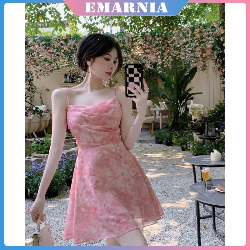 ❤️Emarnia Đào Béo Cô Gái Béo❤️Đầm Ngắn Hai Dây Xếp Ly Nhỏ Màu Hồng Hoa Lãng Mạn Phong Cách Nhật Bản Thanh Lịch Cho Nữ