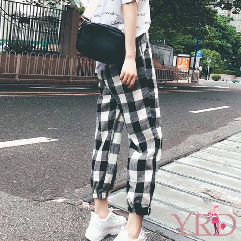 Quần dài dây rút họa tiết ca rô trắng đen thời trang cho nữ | BigBuy360 - bigbuy360.vn