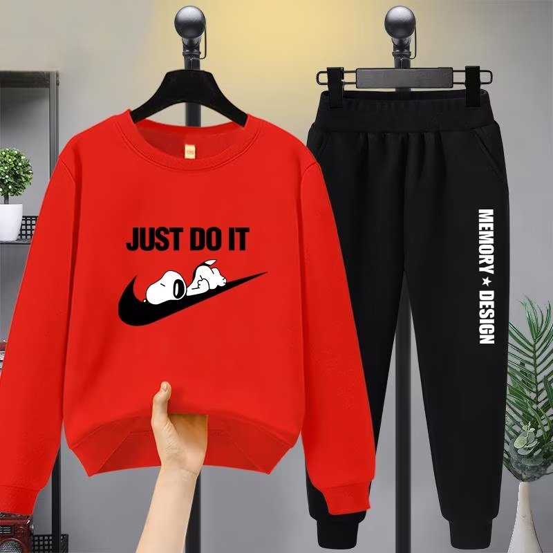 Set Áo Nỉ Dài Tay Cổ Tròn + Quần Dài Dáng Rộng Họa Tiết Hoạt Hình Thời Trang Cho Bé